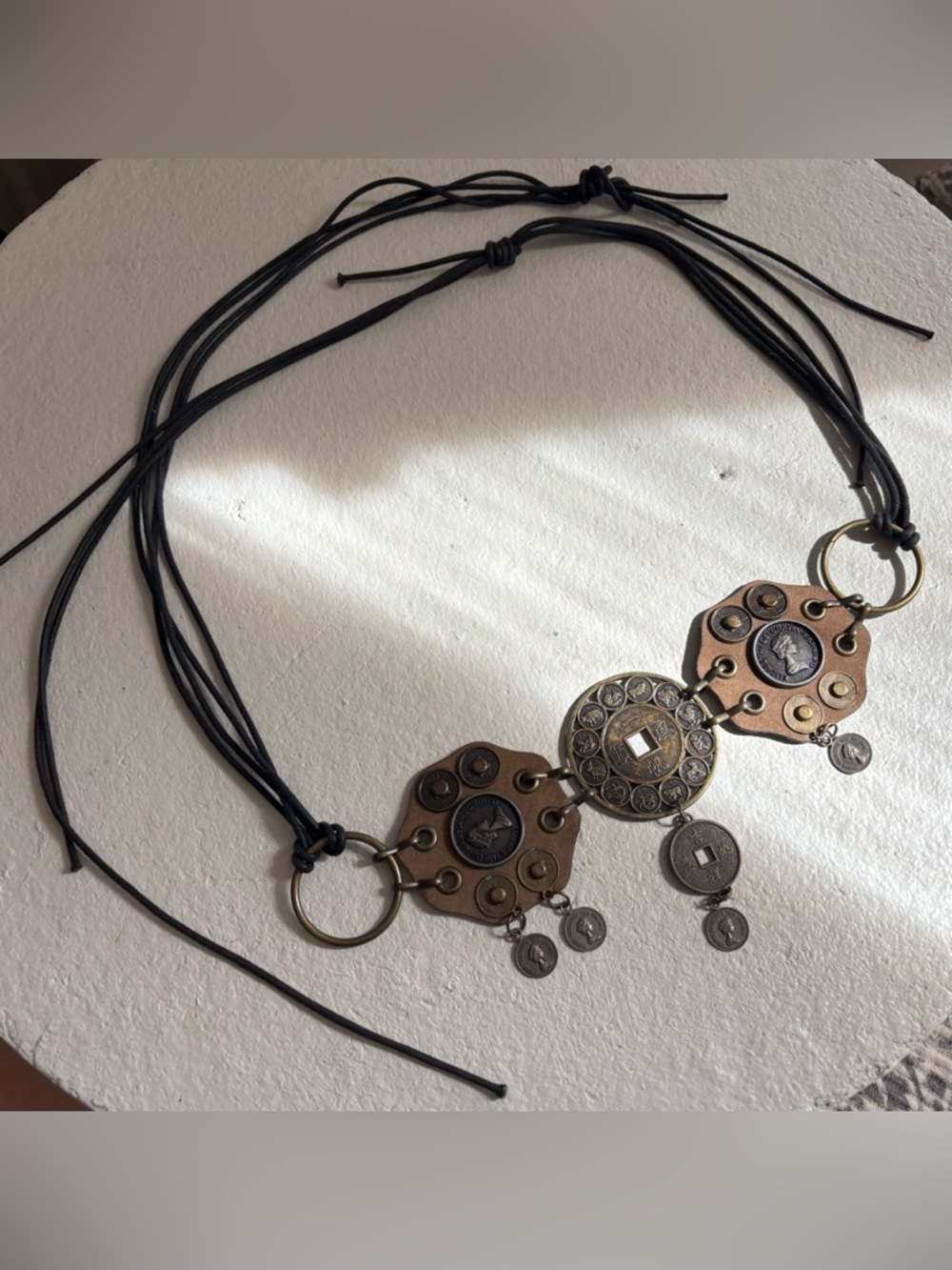 leather and cord belt with coin charms